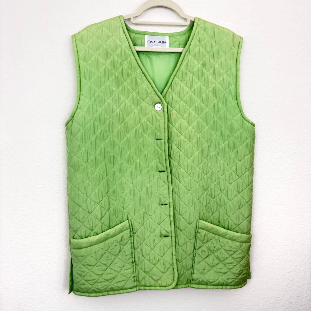 Gina Laura Womens Silk Quilted Vest Size L German Pastel Layer Pockets Green